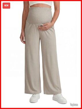 Lyocell Cotton Maternity Wide Leg Palazzo Pants Smocked Over Belly Pockets
